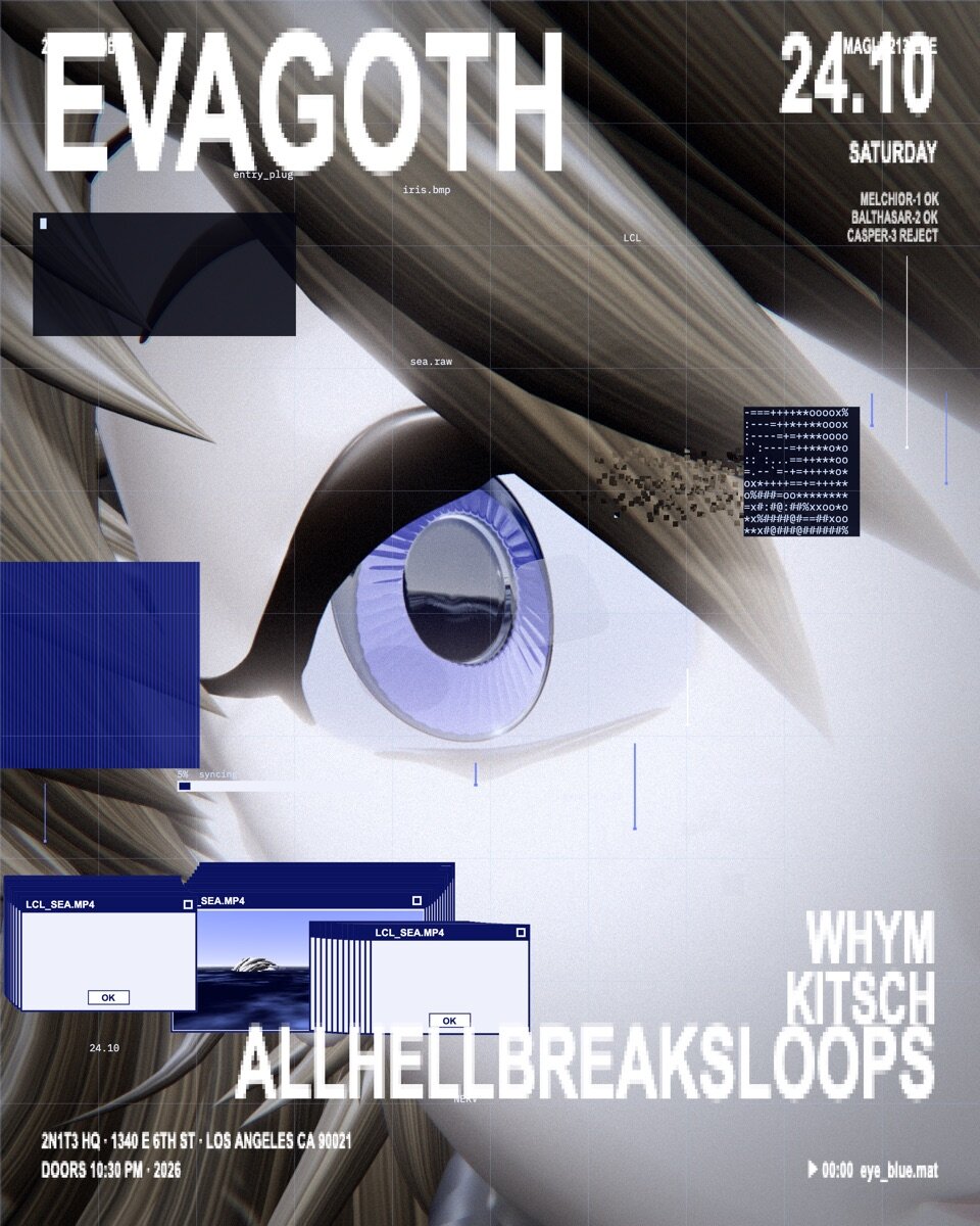 Flyer for EVAGOTH showing a close-up of an anime-style blue eye behind retro computer windows, with the date 24.10 and three act names