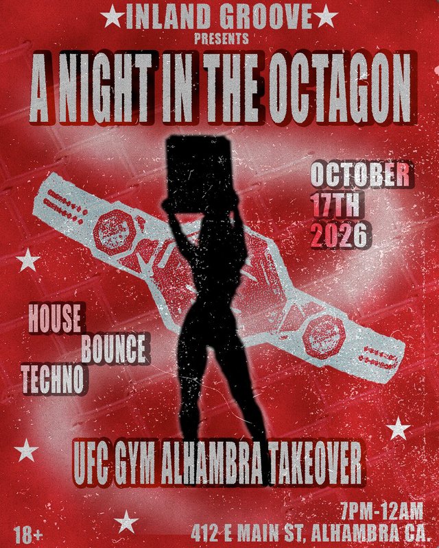 Red flyer for A Night In The Octagon with a championship belt graphic and a silhouetted ring card figure
