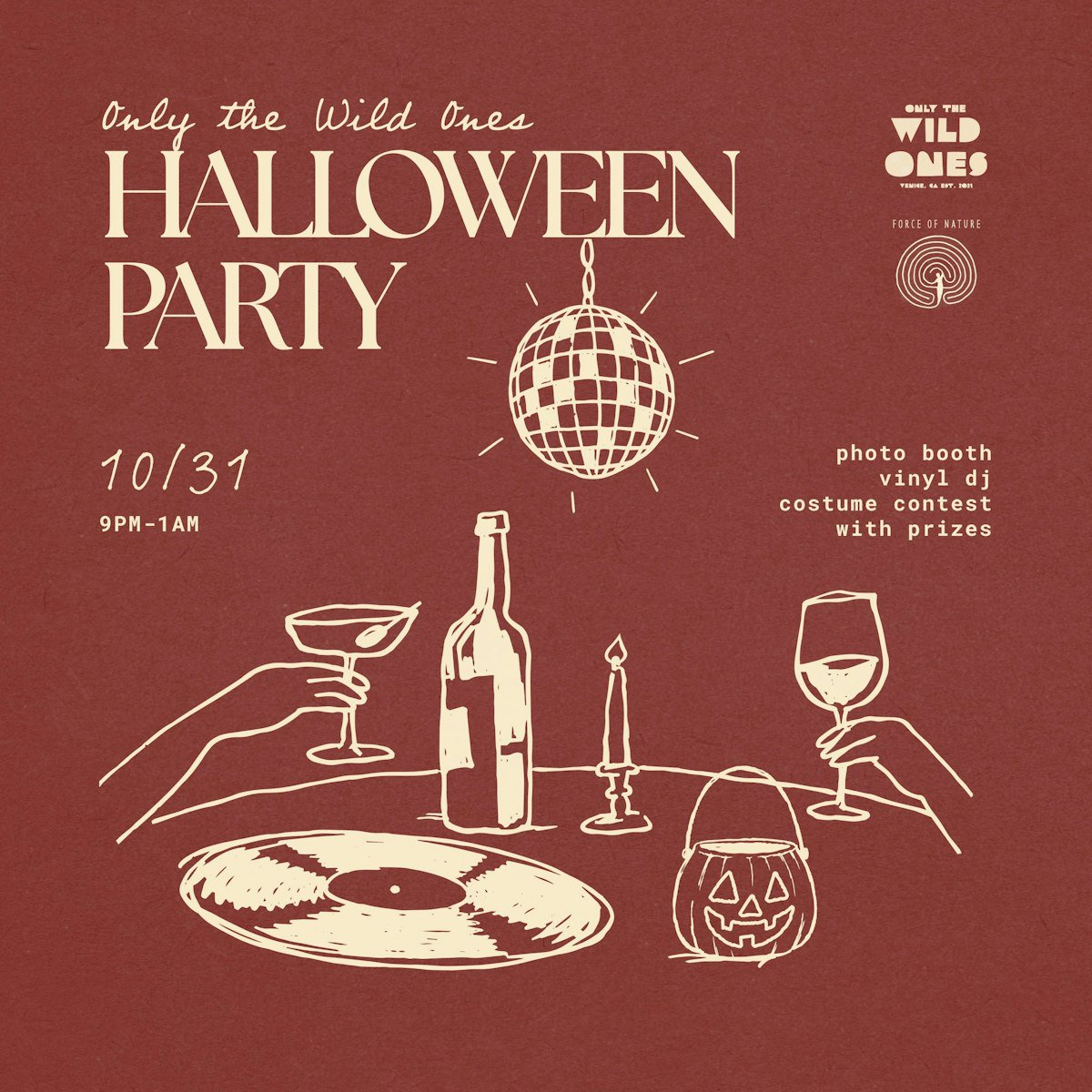 Burgundy event flyer reading Halloween Party with a disco ball, a vinyl record, cocktails and a jack-o-lantern bucket drawn in cream line art