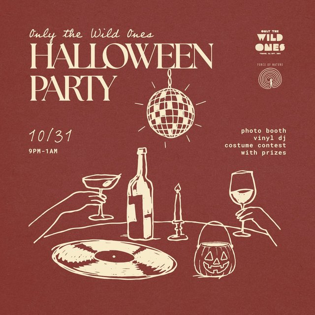 Burgundy event flyer reading Halloween Party with a disco ball, a vinyl record, cocktails and a jack-o-lantern bucket drawn in cream line art