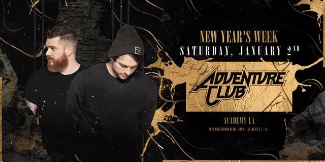 Event flyer showing two members of Adventure Club in black clothing beside the group's logo, with the date Saturday, January 2nd and Academy LA