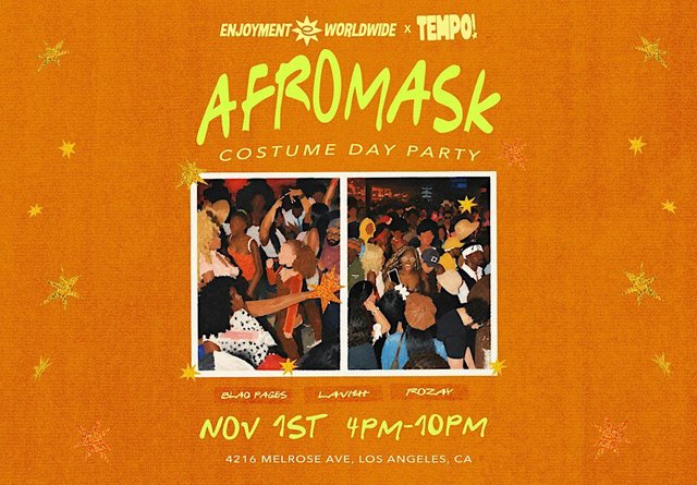 Orange event flyer reading Afromask Costume Day Party with two illustrated photos of dancing crowds