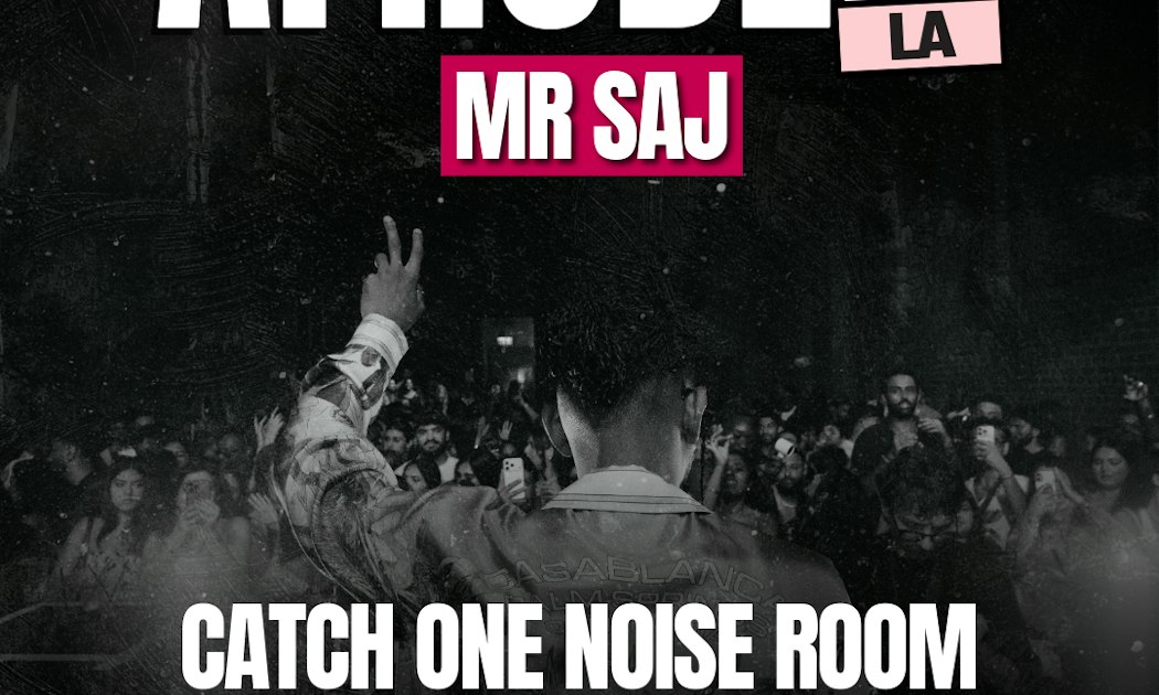 Black and white flyer for AfroDesi LA showing Mr Saj from behind with a raised hand facing a crowd, text reading Catch One Noise Room