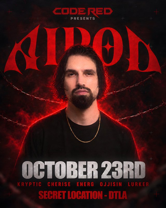 Red and black event flyer showing a bearded man in a black shirt with barbed wire behind him, with the Airod name, the date October 23rd and the support acts listed