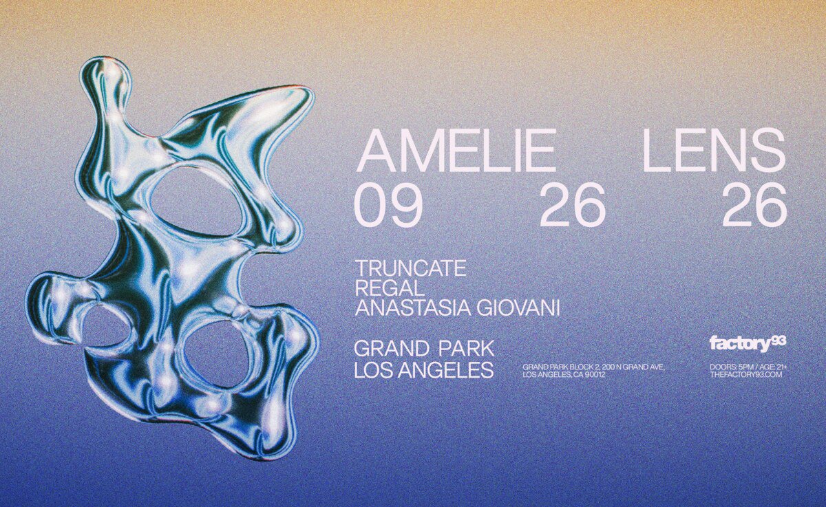 Chrome liquid sculpture on a blue and peach gradient beside text for Amelie Lens, 09 26 26, with Truncate, Regal and Anastasia Giovani at Grand Park