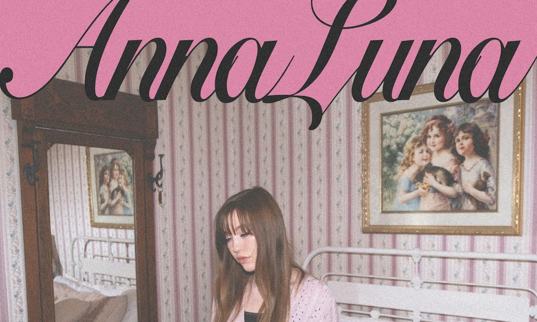 Event flyer with Anna Luna in script lettering above a woman in a pink cardigan seated in a room with striped wallpaper