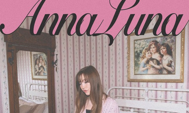 Event flyer with Anna Luna in script lettering above a woman in a pink cardigan seated in a room with striped wallpaper