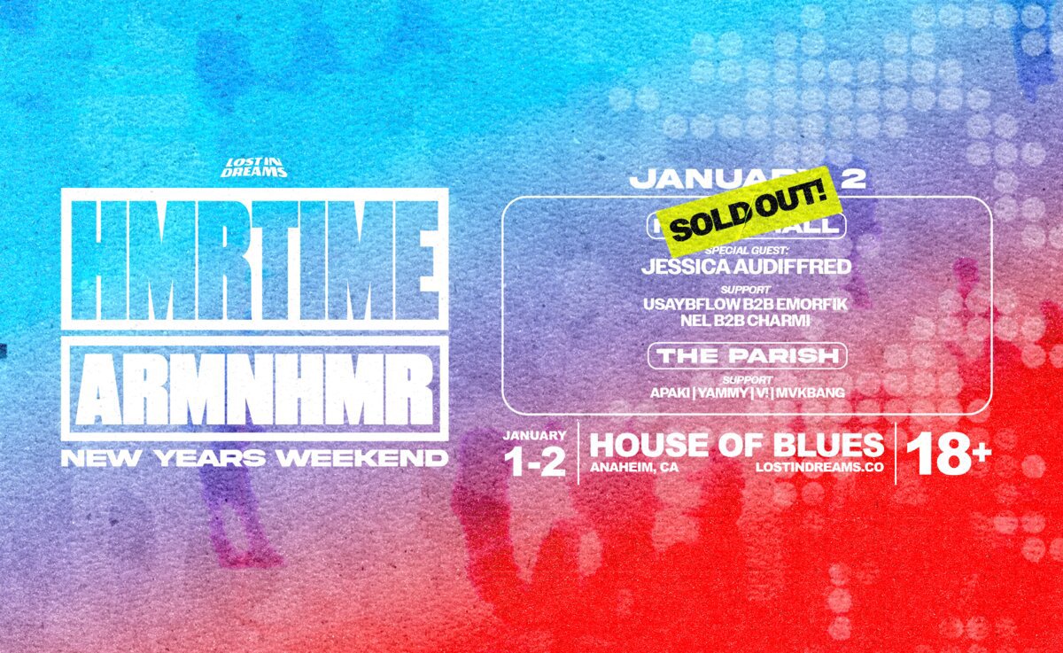 Event poster with a blue-to-red gradient showing the HMRTIME ARMNHMR New Years Weekend lineup at House of Blues Anaheim