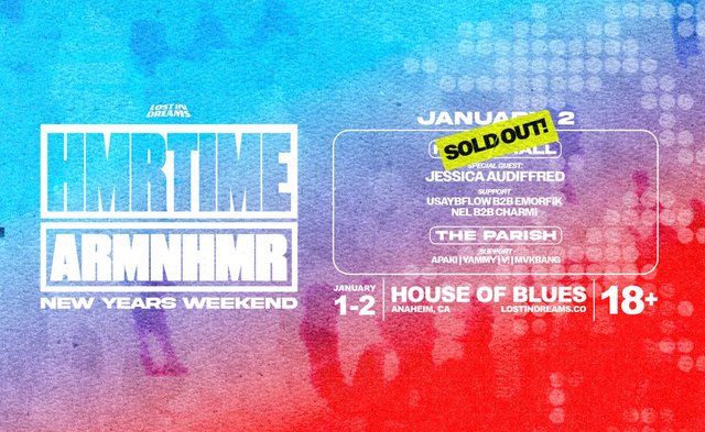 Event poster with a blue-to-red gradient showing the HMRTIME ARMNHMR New Years Weekend lineup at House of Blues Anaheim