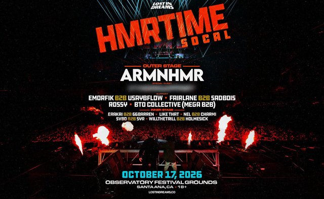 HMRTIME SoCal flyer with ARMNHMR in red lettering over two DJs facing a crowd lit by stage flames
