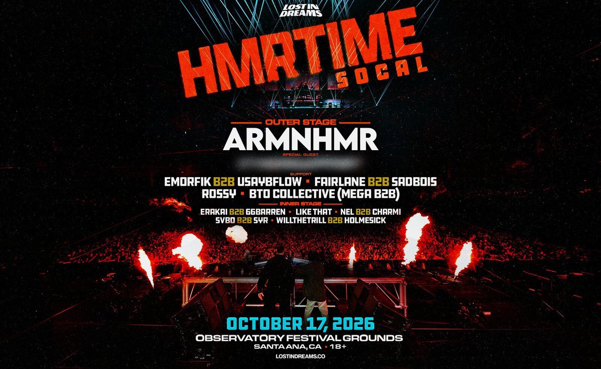 HMRTIME SoCal flyer with ARMNHMR in red lettering over two DJs facing a crowd lit by stage flames