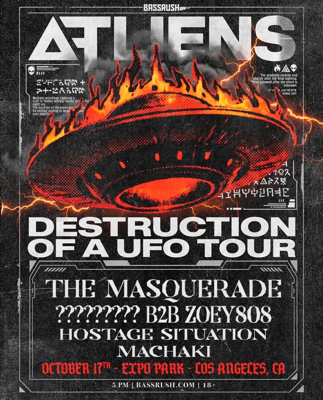 ATLiens Destruction of a UFO Tour poster: a flaming flying saucer over the lineup, with October 17th, Expo Park, Los Angeles printed along the bottom