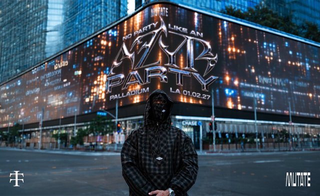 Event flyer showing a hooded, masked figure on a Hollywood street corner beneath a screen reading AZYR Party, Palladium, LA 01.02.27