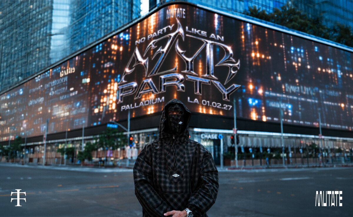 Event flyer showing a hooded, masked figure on a Hollywood street corner beneath a screen reading AZYR Party, Palladium, LA 01.02.27