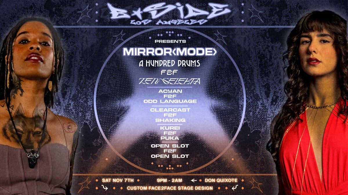B-Side Los Angeles Mirror Mode flyer with portraits of two artists flanking the full Face to Face lineup, Saturday November 7th at Don Quixote