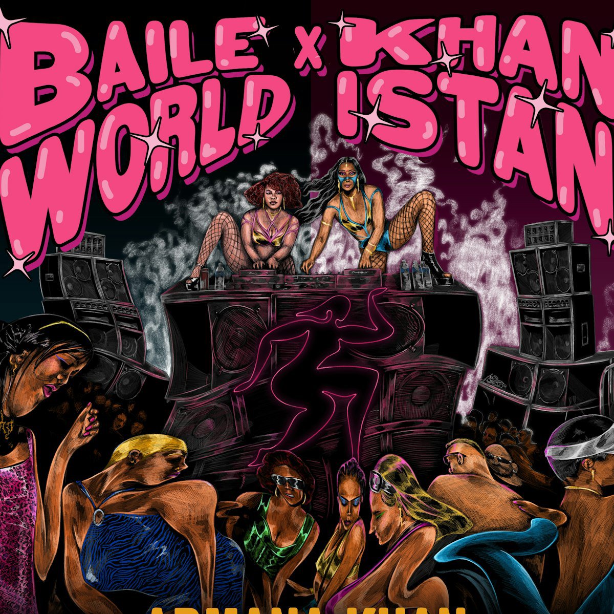 Illustrated flyer for Baile World x Khanistan showing two DJs on a stack of speakers above a dancing crowd in pink and teal