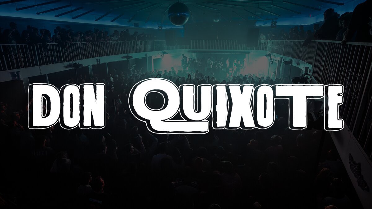 Crowd packed on the floor and balcony of the Don Quixote club under a disco ball, with the venue name across the image