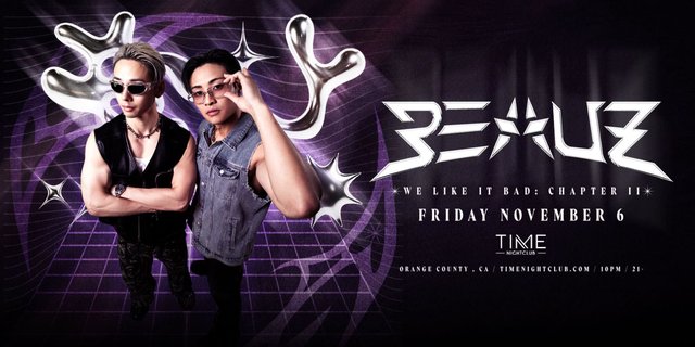 Event flyer showing the duo BEAUZ in front of a purple grid backdrop with chrome shapes, with the show details on the right