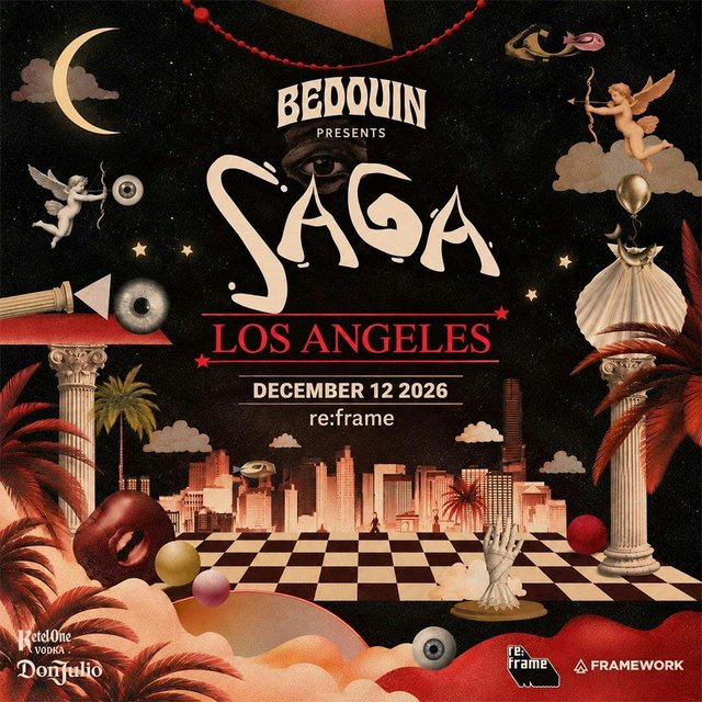 Poster for Bedouin presents Saga, Los Angeles, December 12 2026, with a checkerboard floor, columns and a city skyline