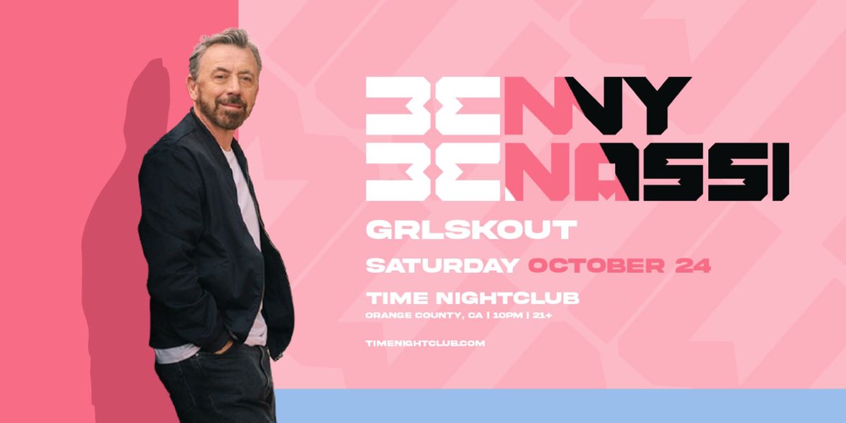 Event flyer showing Benny Benassi in a dark jacket beside the event details for Time Nightclub on a pink background