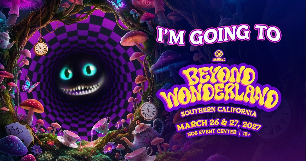 I'm Going To Beyond Wonderland graphic with a grinning Cheshire Cat in a purple checkered world, Southern California, March 26 & 27, 2027, NOS Event Center, 18+