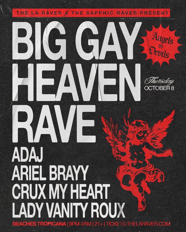Black and red event flyer for Big Gay Heaven Rave with a red cherub illustration and the lineup listed