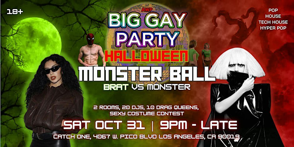 Event flyer for Big Gay Party Halloween Monster Ball, a disco ball over a green moon on the left and a red sky on the right, with a woman in sunglasses and a figure in a white wig and black latex on either side