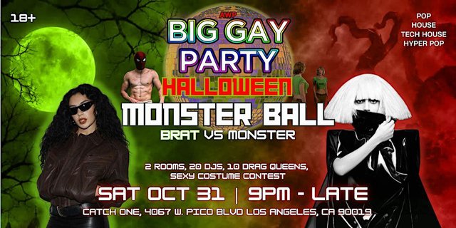 Event flyer for Big Gay Party Halloween Monster Ball, a disco ball over a green moon on the left and a red sky on the right, with a woman in sunglasses and a figure in a white wig and black latex on either side