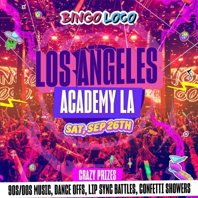 Bingo Loco flyer for Academy LA on Saturday, September 26, with confetti falling over a packed, pink-lit crowd holding glow sticks