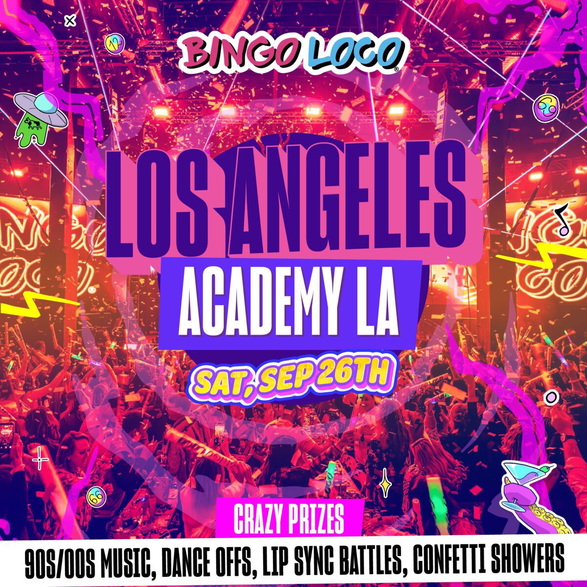 Bingo Loco flyer for Academy LA on Saturday, September 26, with confetti falling over a packed, pink-lit crowd holding glow sticks