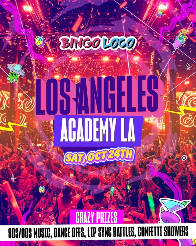 Bingo Loco flyer for Academy LA on Saturday, October 24, showing a crowd waving glow sticks under pink lights and falling confetti
