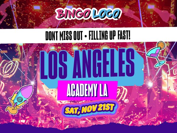 Bingo Loco flyer for Academy LA on Saturday, November 21, with confetti and pink stage lights behind the event name