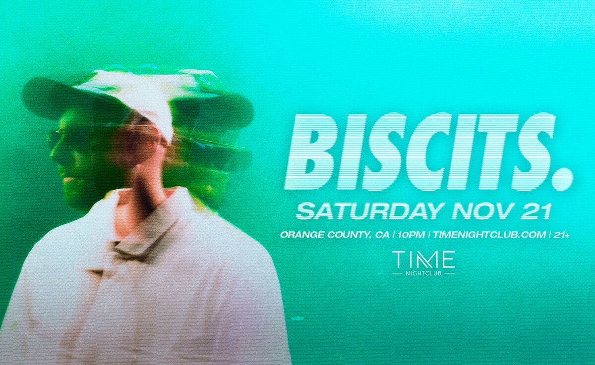 Event flyer with the name Biscits in white block letters beside a blurred portrait of a person in a bucket hat, on a teal background