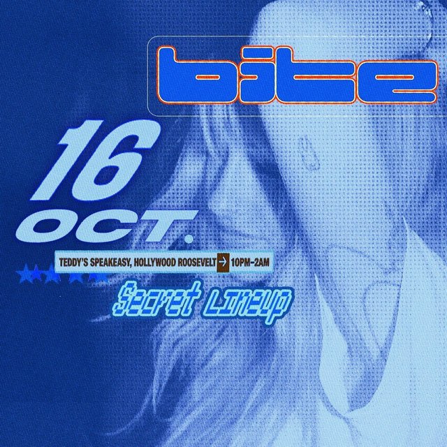 Blue halftone flyer for BITE with the date, Oct. 16, and Teddy's Speakeasy at the Hollywood Roosevelt printed over a close-up portrait