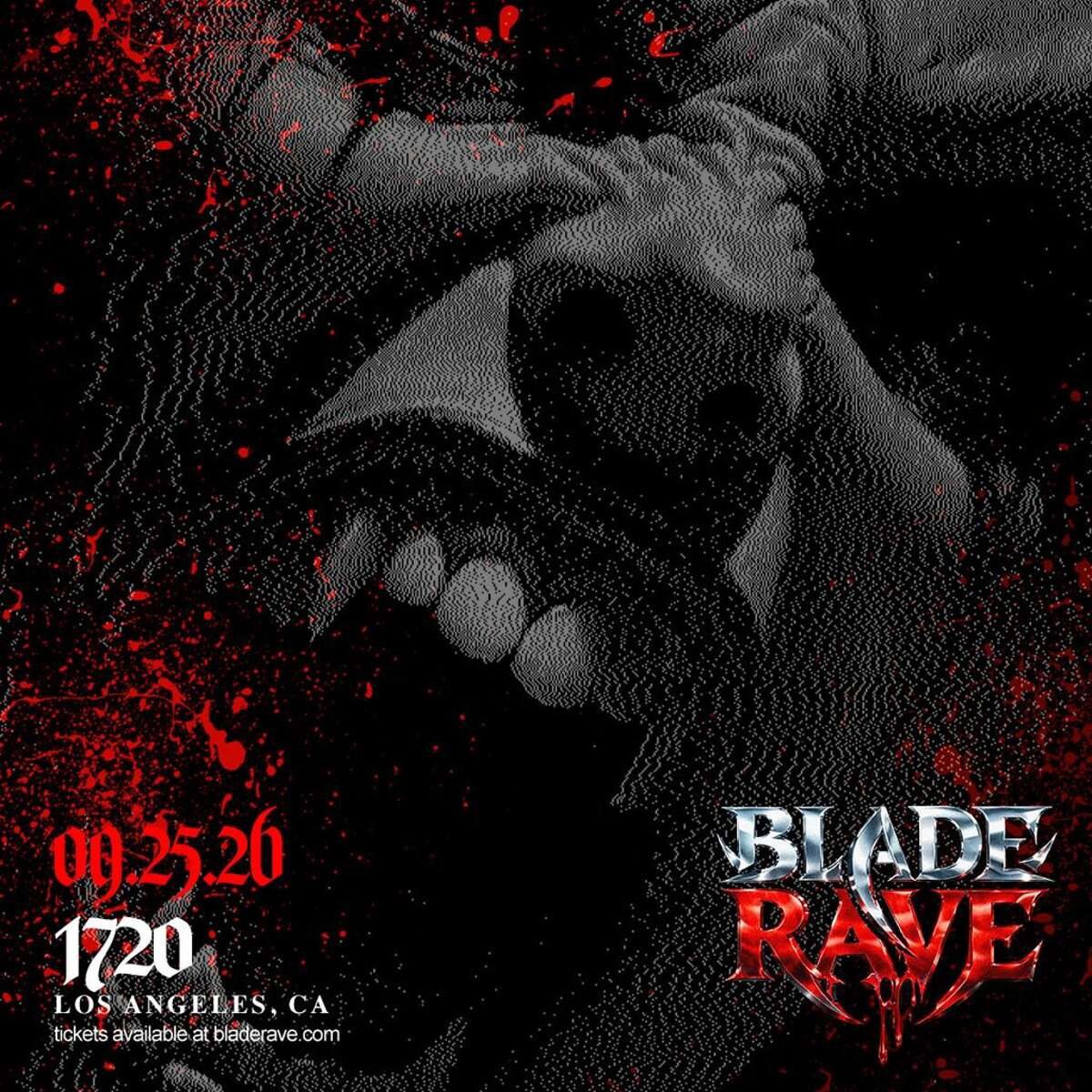 Blade Rave flyer: a black and white vampire mouth with fangs, red blood splatter, 09.25.26 and 1720 Los Angeles