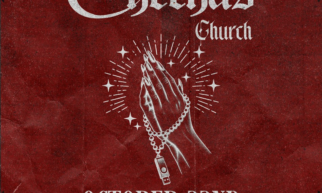Event flyer for Chéchas Church in white blackletter type on a crumpled deep red background, with illustrated praying hands wearing a pearl bracelet and holding a USB drive above the date October 22nd
