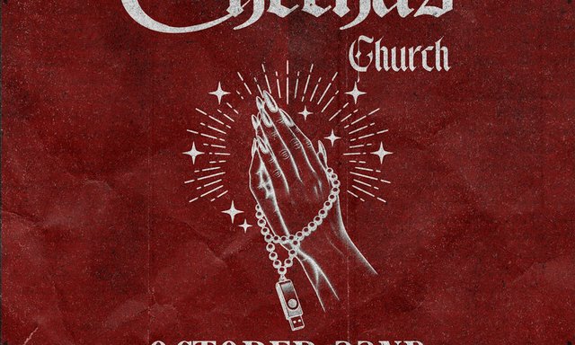 Event flyer for Chéchas Church in white blackletter type on a crumpled deep red background, with illustrated praying hands wearing a pearl bracelet and holding a USB drive above the date October 22nd