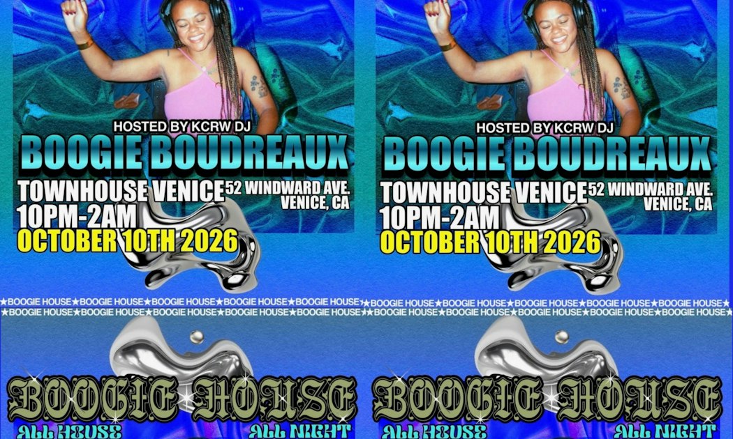 Event poster for Boogie House showing a smiling DJ in headphones with the date, venue and Boogie House lettering in blue and chrome