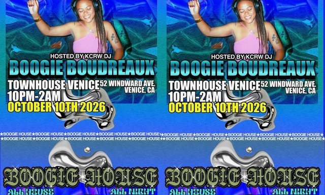 Event poster for Boogie House showing a smiling DJ in headphones with the date, venue and Boogie House lettering in blue and chrome