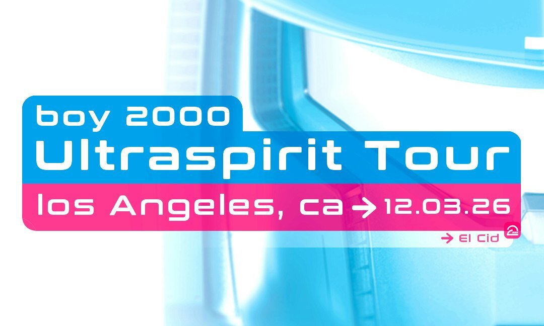 Tour flyer reading boy 2000 Ultraspirit Tour, Los Angeles, CA, 12.03.26, El Cid, over a pale blue background