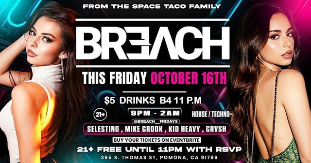 Flyer for Breach Fridays on October 16 listing Selestino, Mike Crook, Kid Heavy and CRVSH
