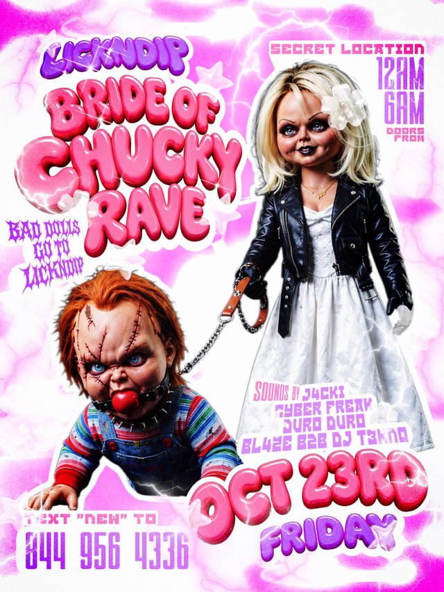 Pink and purple flyer showing the Chucky doll on a leash held by the Bride doll in a white dress and leather jacket, with the lineup and Oct 23rd
