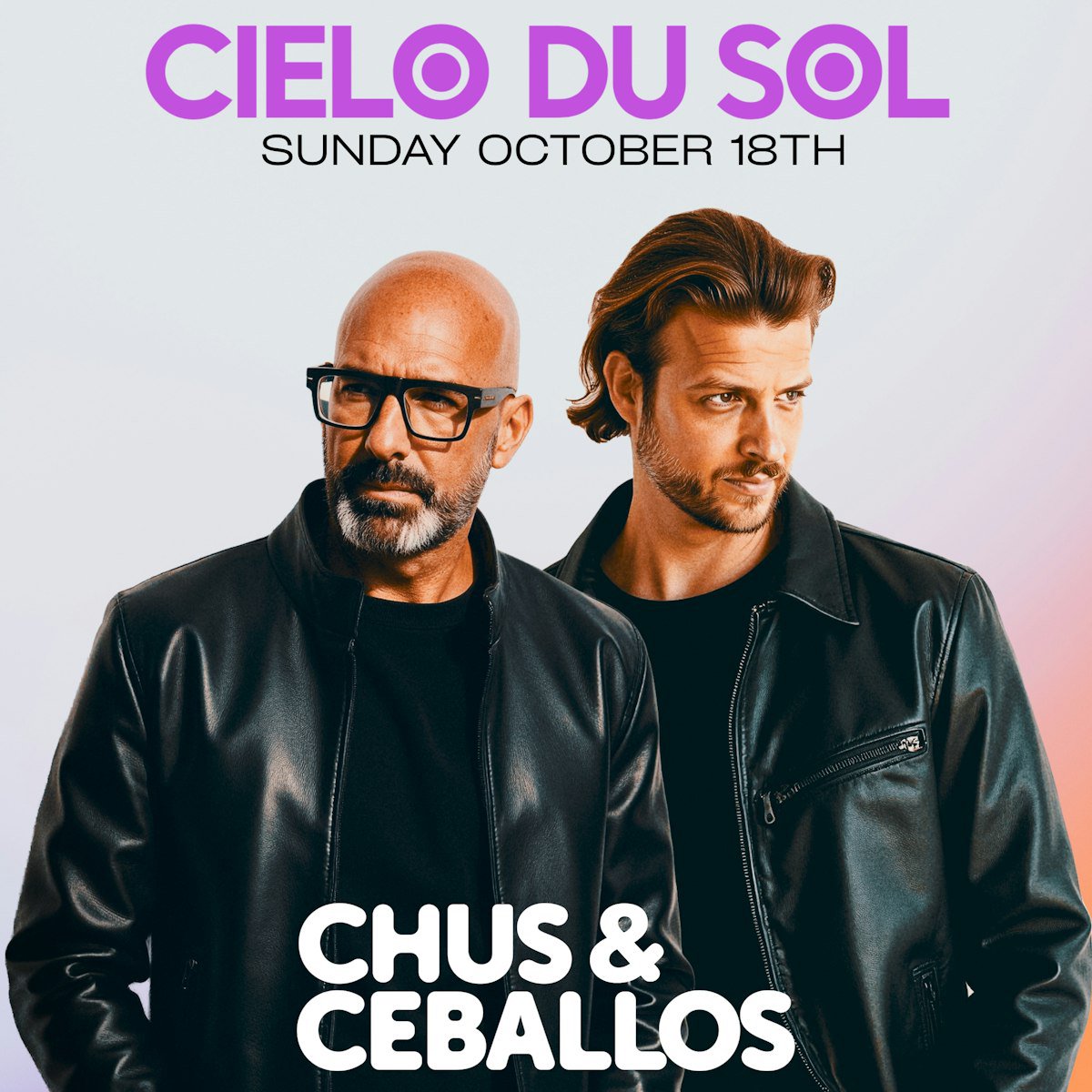Event flyer for Cielo du Sol on Sunday October 18th, with Chus & Ceballos in black leather jackets against a pale sky background