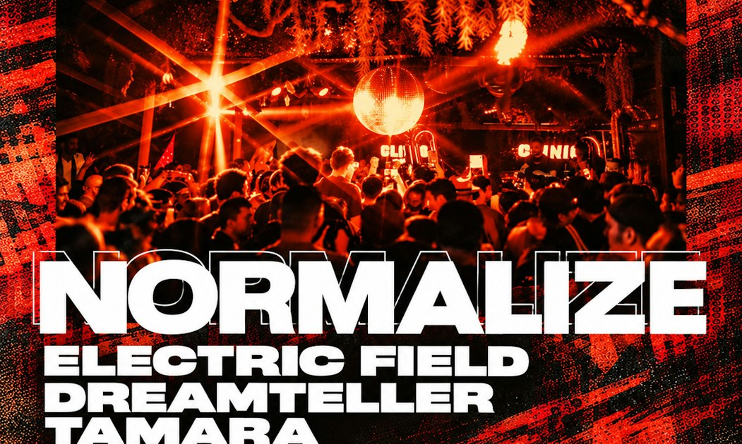 Red-lit crowd dancing under a disco ball at a Clinic night, with the names Normalize, Electric Field, Dreamteller and Tamara on the flyer