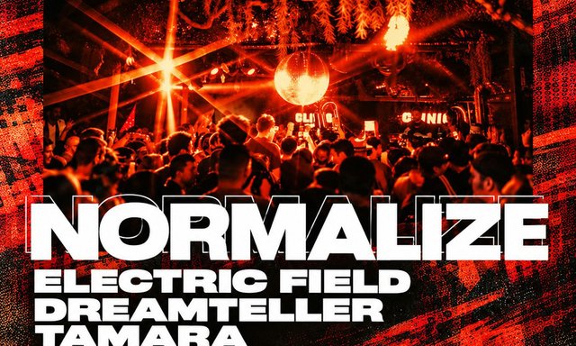 Red-lit crowd dancing under a disco ball at a Clinic night, with the names Normalize, Electric Field, Dreamteller and Tamara on the flyer
