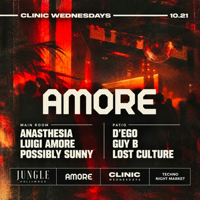 Event flyer for Clinic Wednesdays with the Amore logo over a dim red club interior with a disco ball, listing the main room and patio lineup