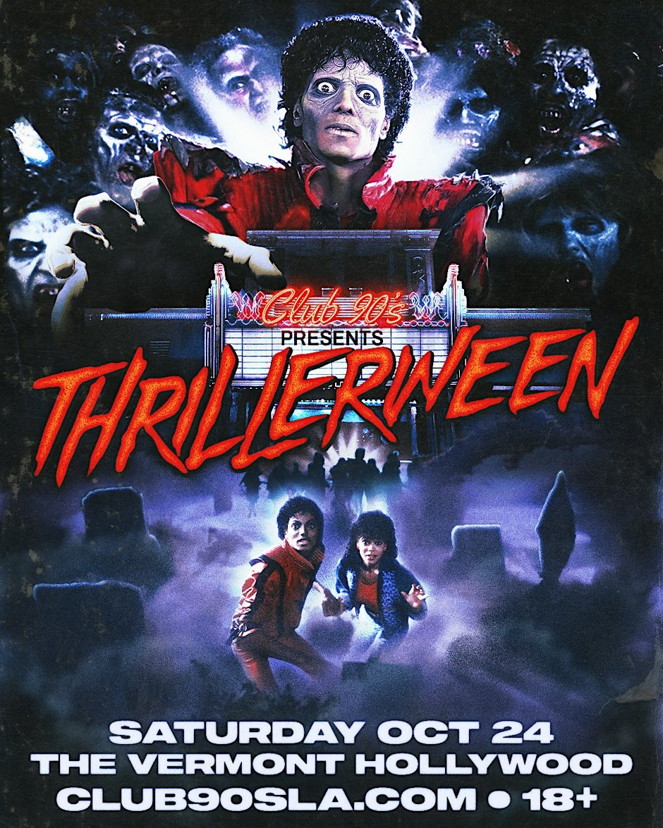Thrillerween flyer showing Michael Jackson in zombie makeup and a red jacket above a theater marquee, with a foggy graveyard scene below