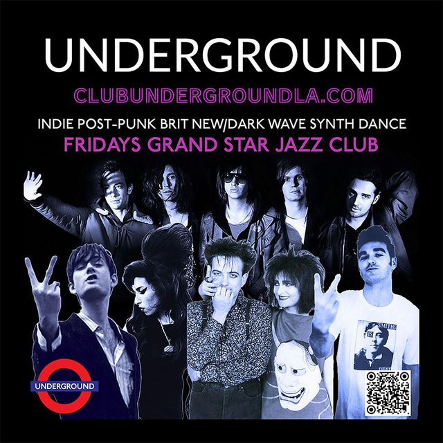 Black event flyer reading Underground, Fridays Grand Star Jazz Club, with black-and-white band photos and an indie post-punk and dark wave synth dance tagline