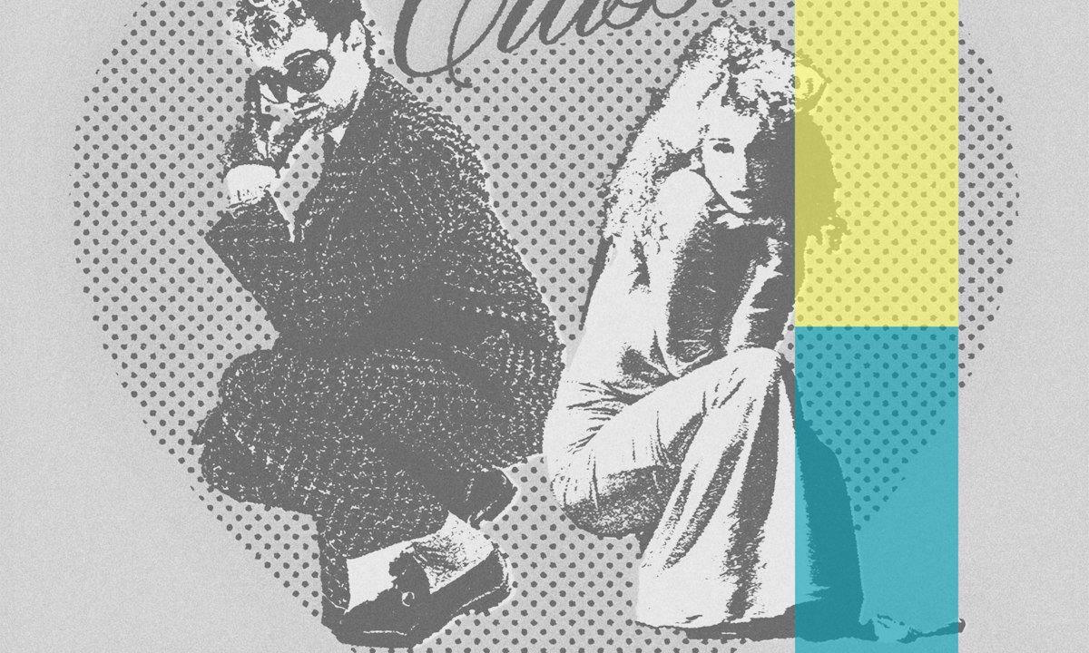 Halftone event artwork showing two people crouched in front of a heart shape, with yellow and teal color blocks