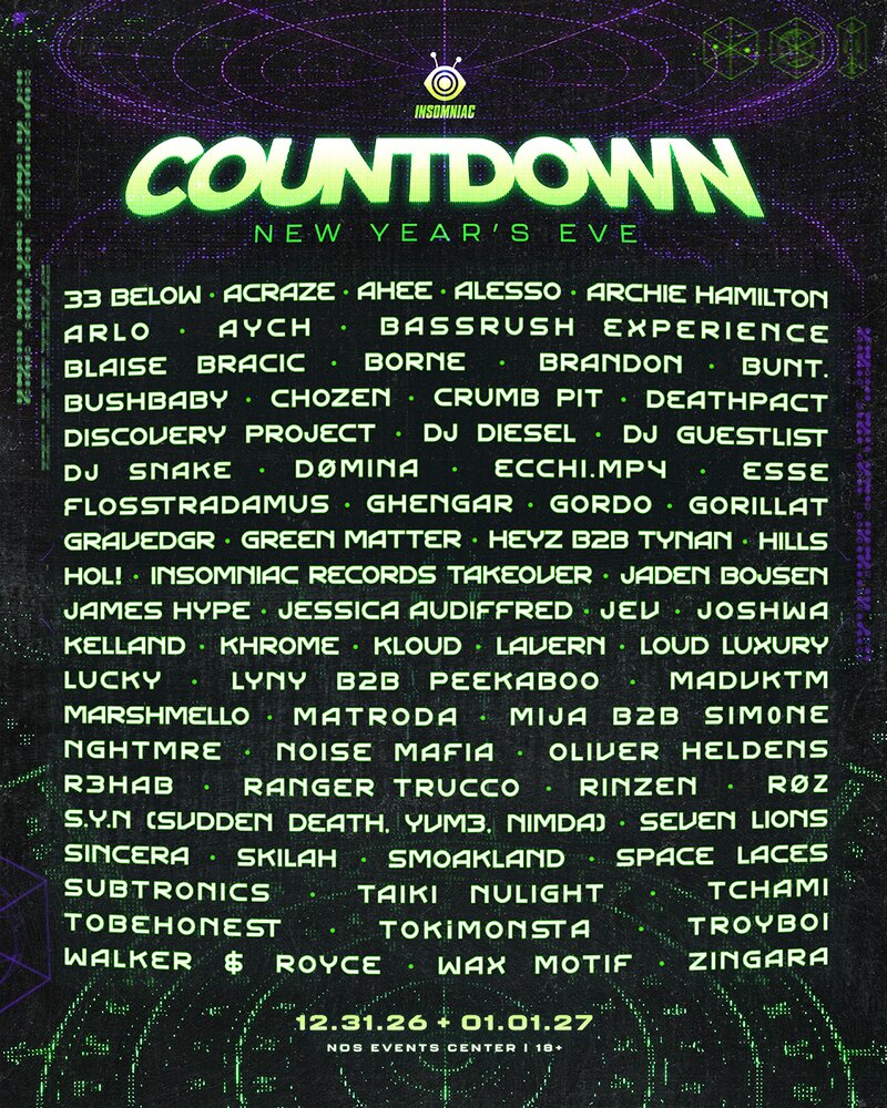 Green lettering on a dark purple poster reading Countdown New Year's Eve above a dense list of artist names, dated 12.31.26 and 01.01.27